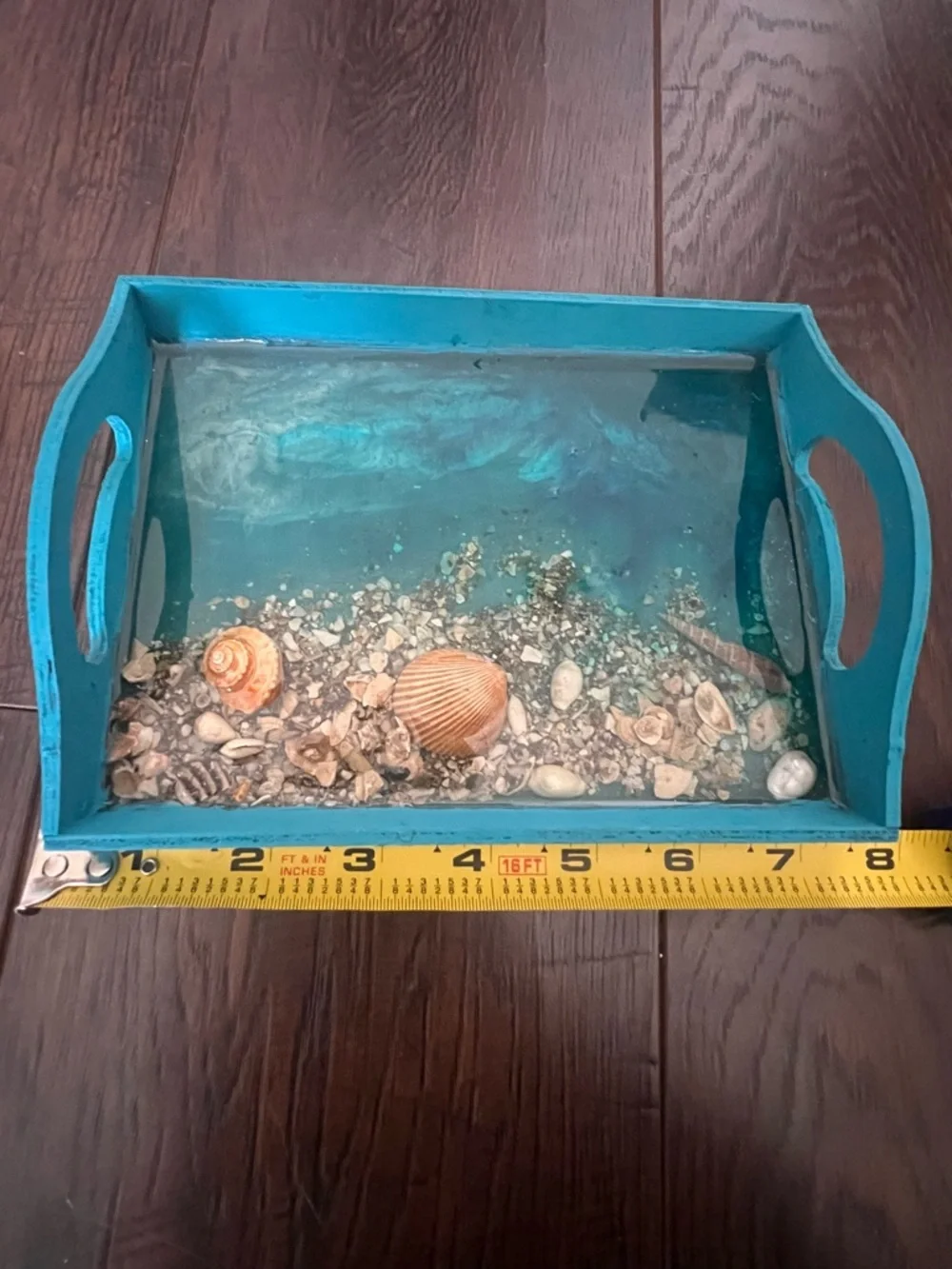 Teal Coastal Wooden Decorative Serving Tray with Shell Accent and Resin Ocean